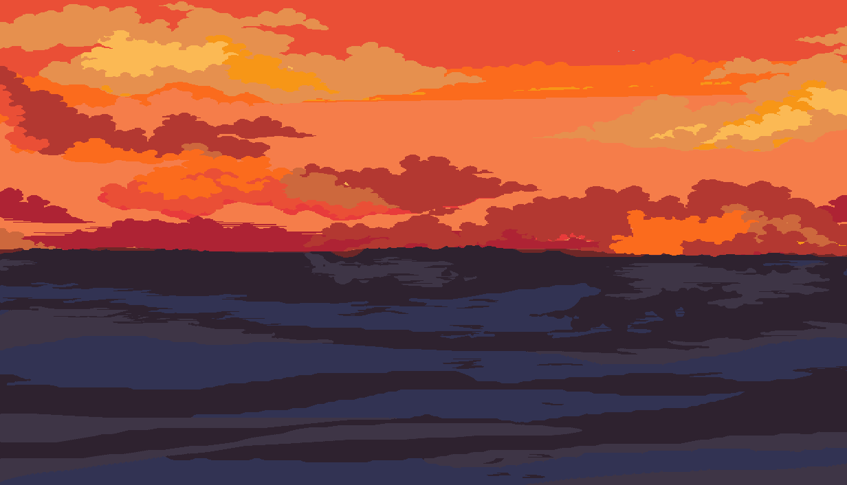 Pixel-art sunset ocean background without the ship or title.