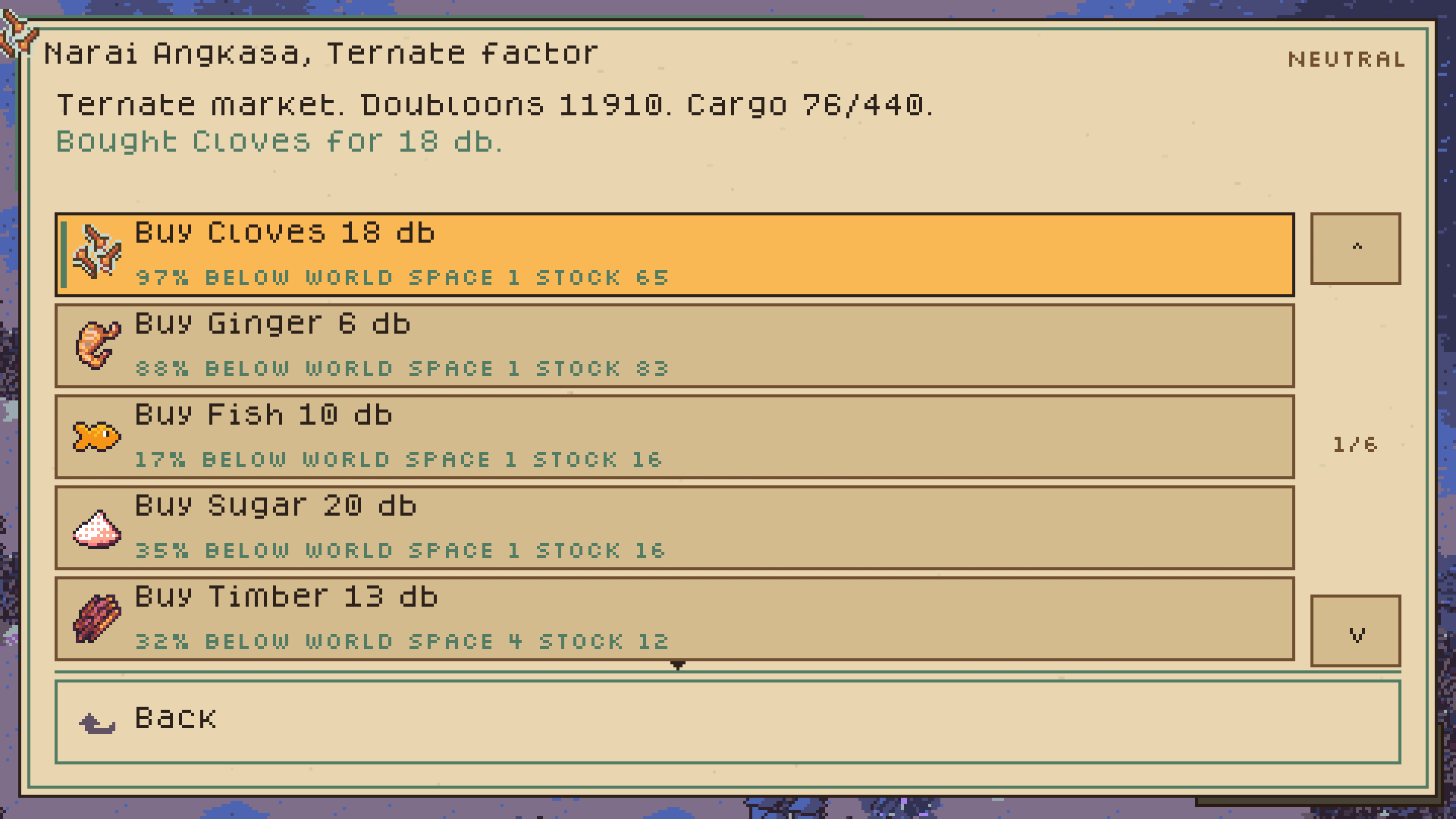 The trading interface at Ternate shows goods, prices, cargo space, and local supply.