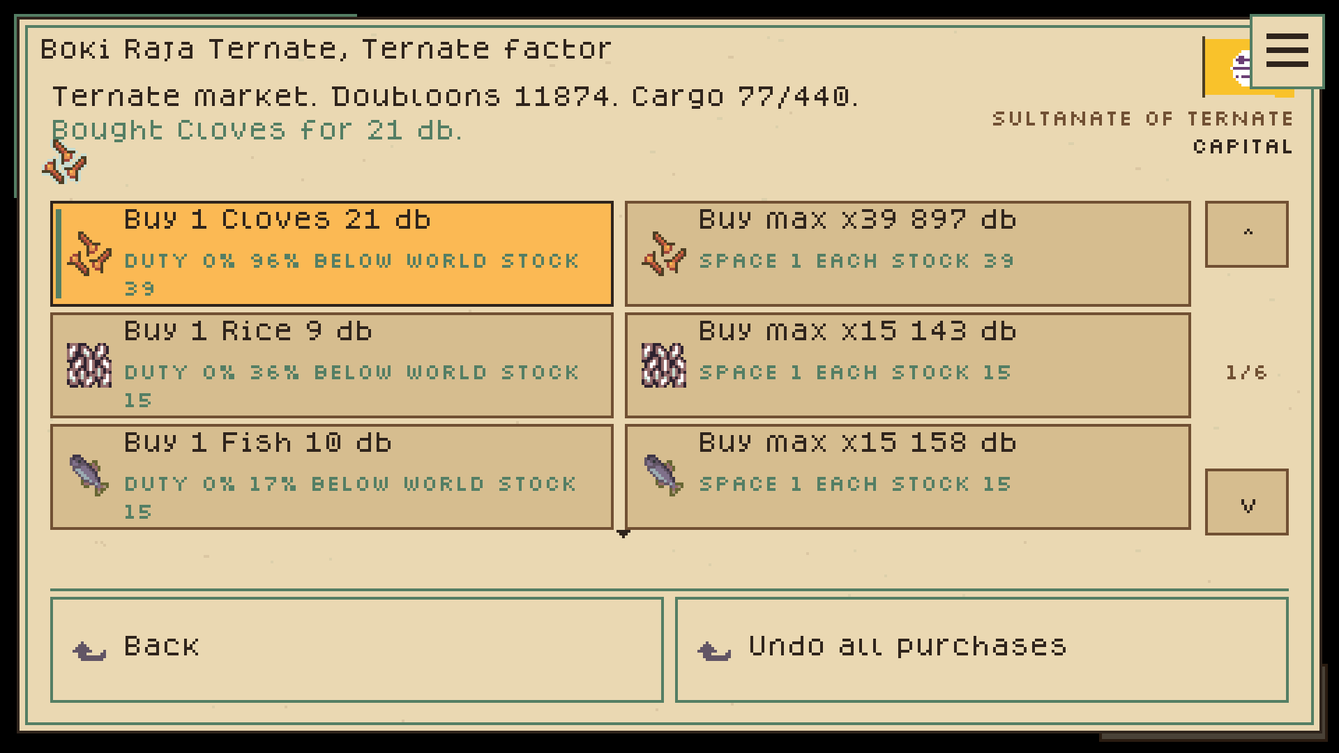 The Ternate market offers cloves, fish, and timber with prices, duties, stock, and cargo space.
