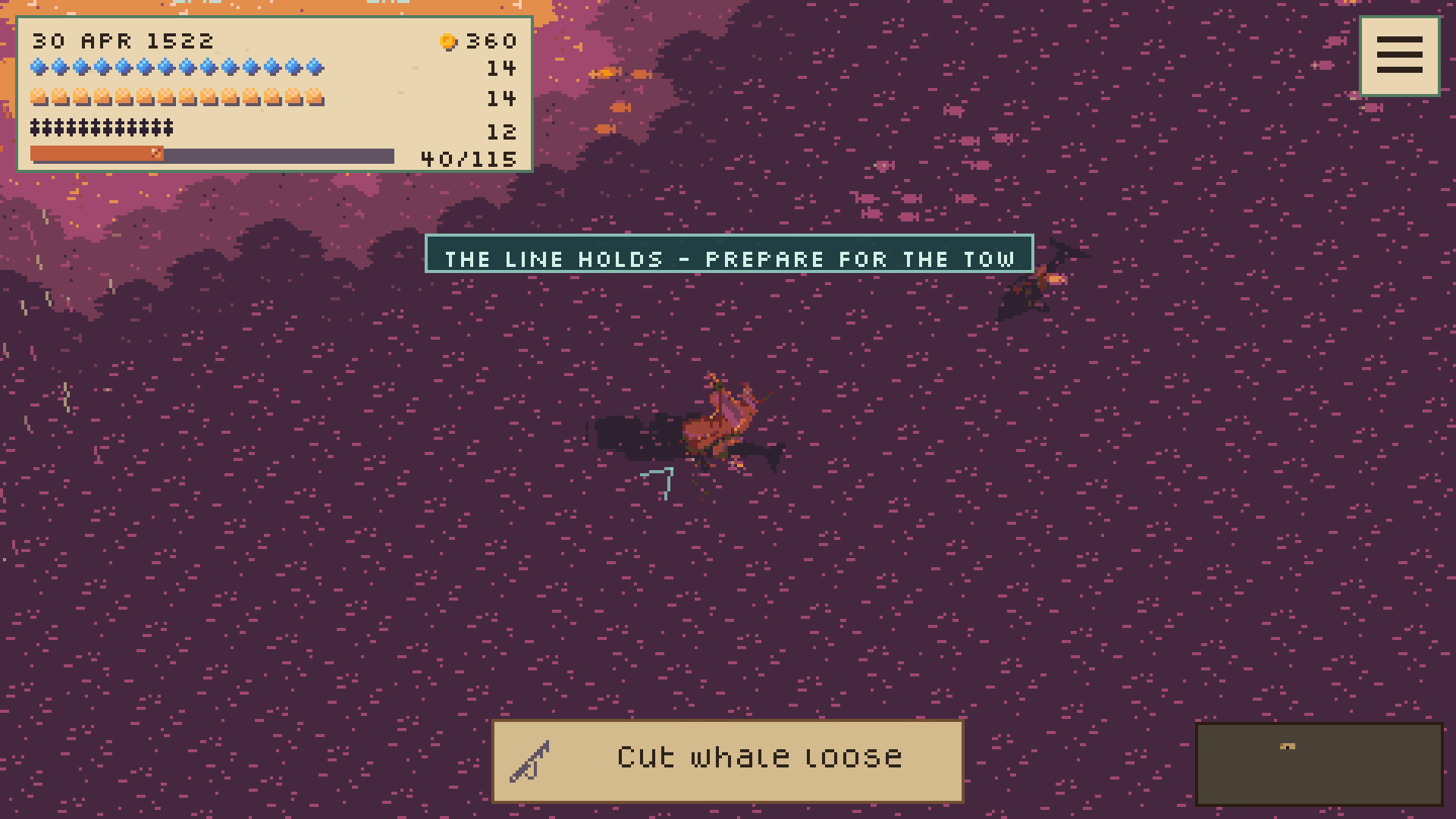 A ship is pulled through dark water by a harpooned whale.