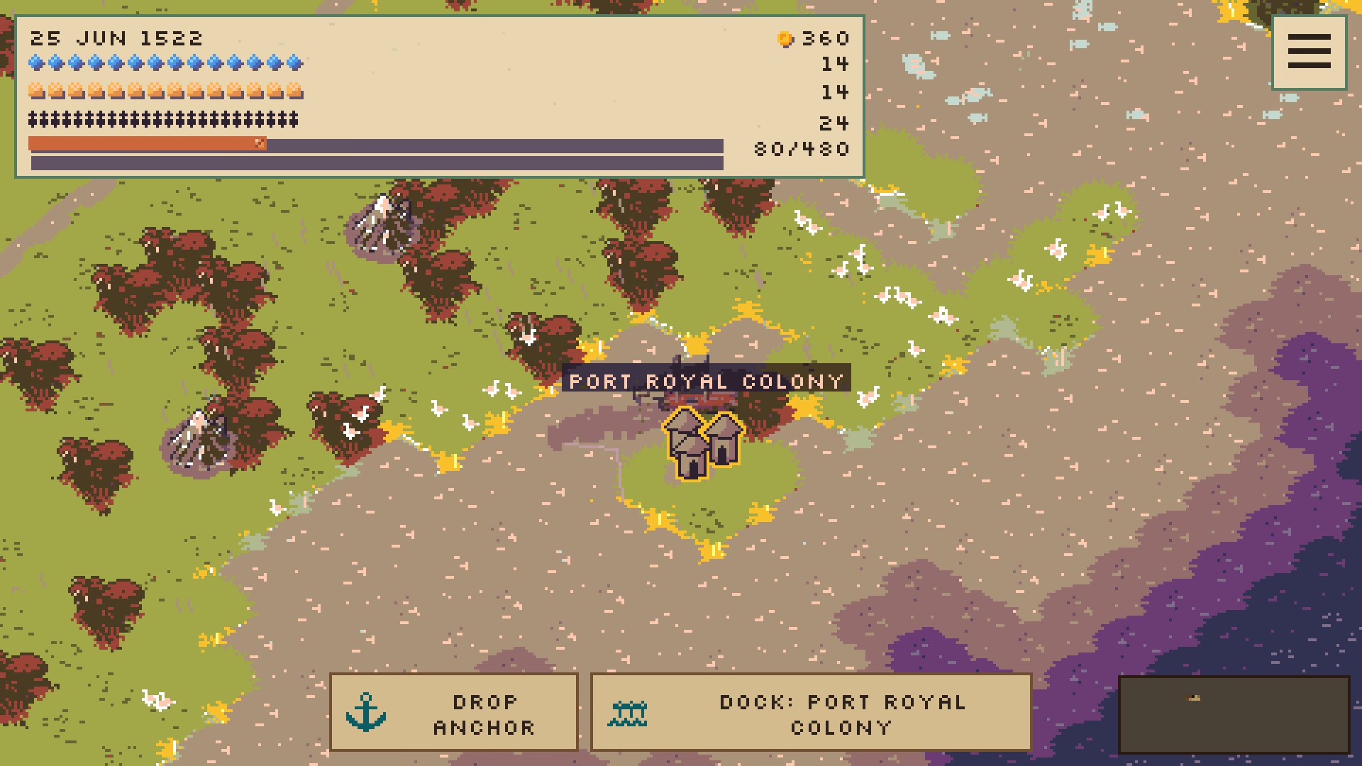 A newly founded colony at Port Royal appears on the globe.