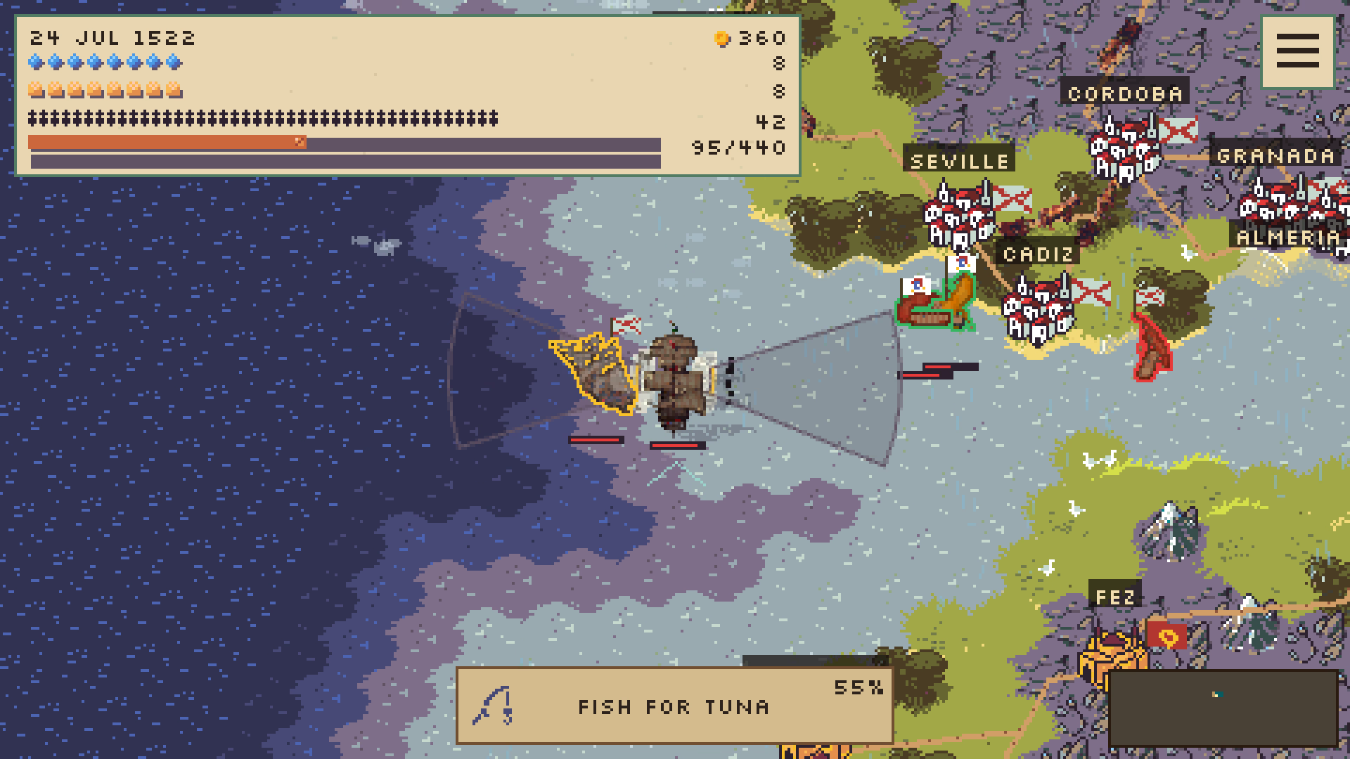 Several ships exchange cannon fire off the coast of Iberia.