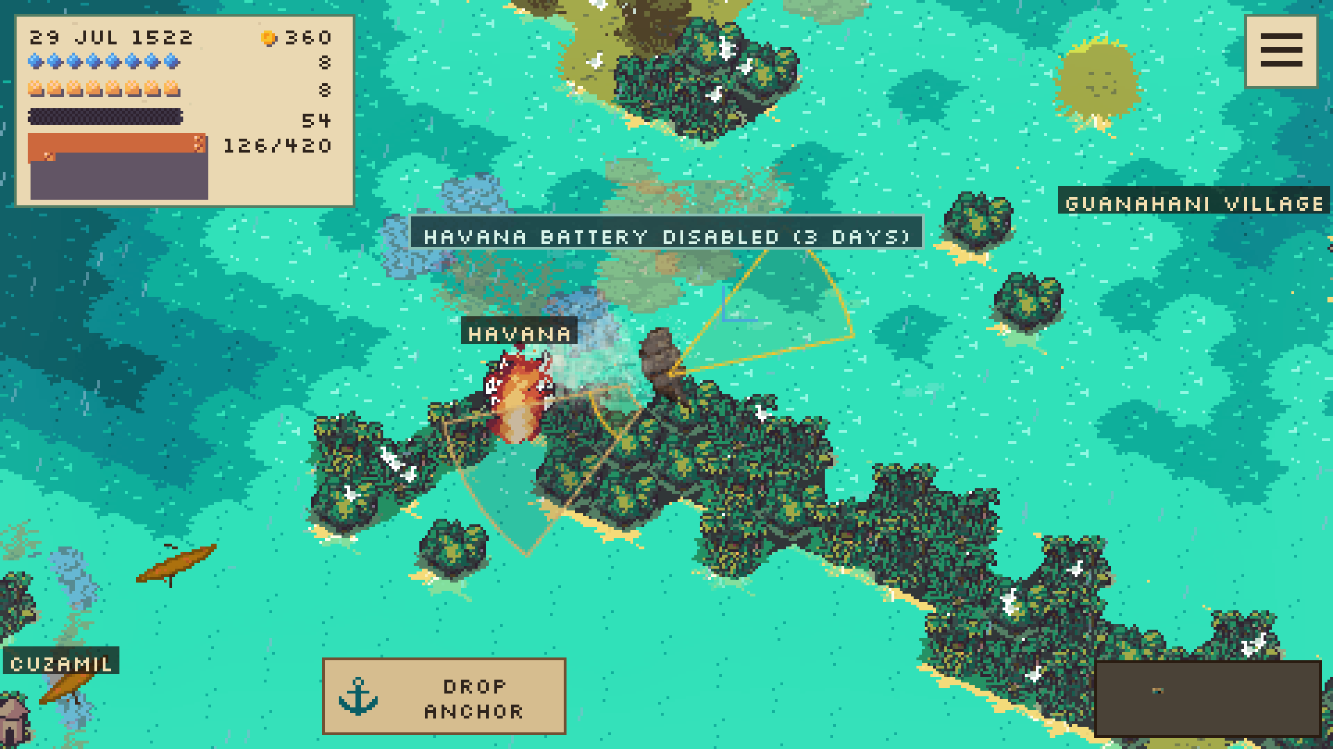 Havana burns after its shore battery is disabled by a naval bombardment. Interface language: English.
