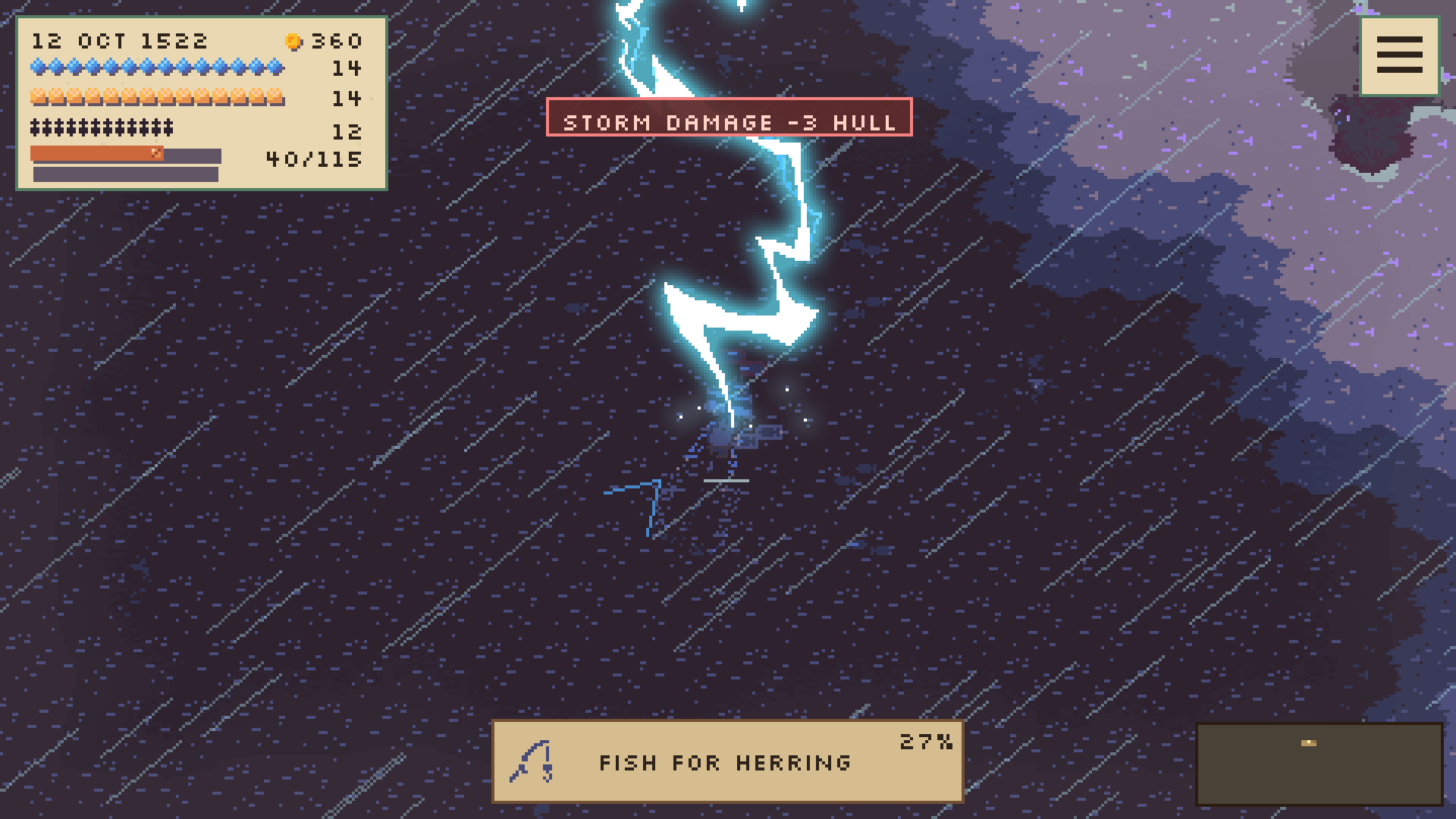 Lightning strikes a ship during a violent storm and damages its hull. Interface language: English.