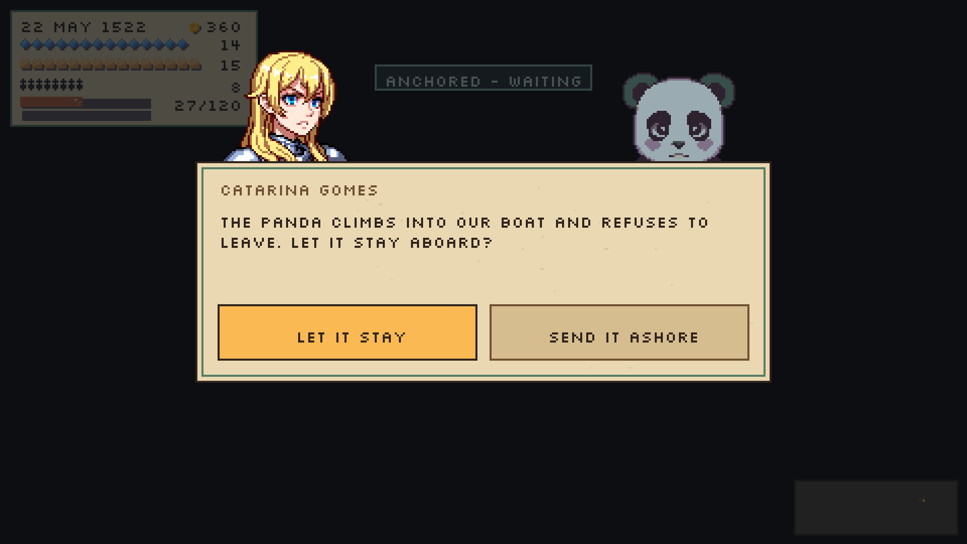A captain decides whether to let an unexpected panda remain aboard the ship. Interface language: English.