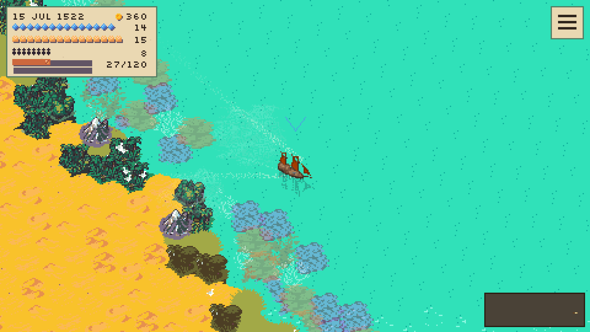 A caravel sails through turquoise water along the reefs and tropical coast of the Great Barrier Reef. Interface language: English.