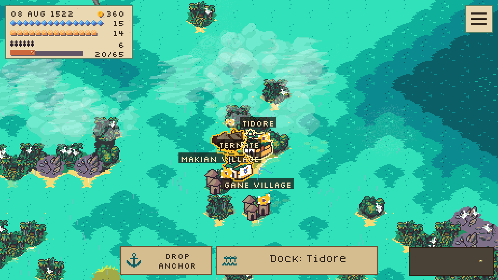 A kelulus sails among Ternate, Tidore, and the mountainous Spice Islands. Interface language: English.