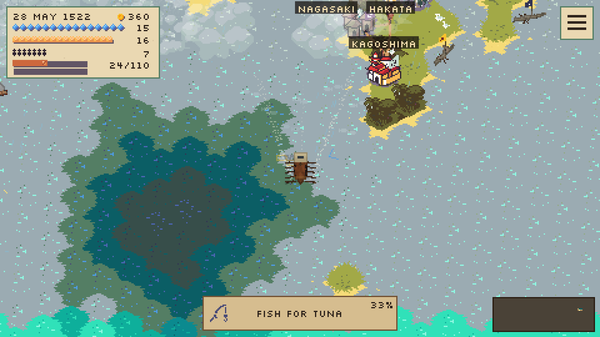 A Japanese sekibune sails among the islands and ports of the Seto Inland Sea. Interface language: English.