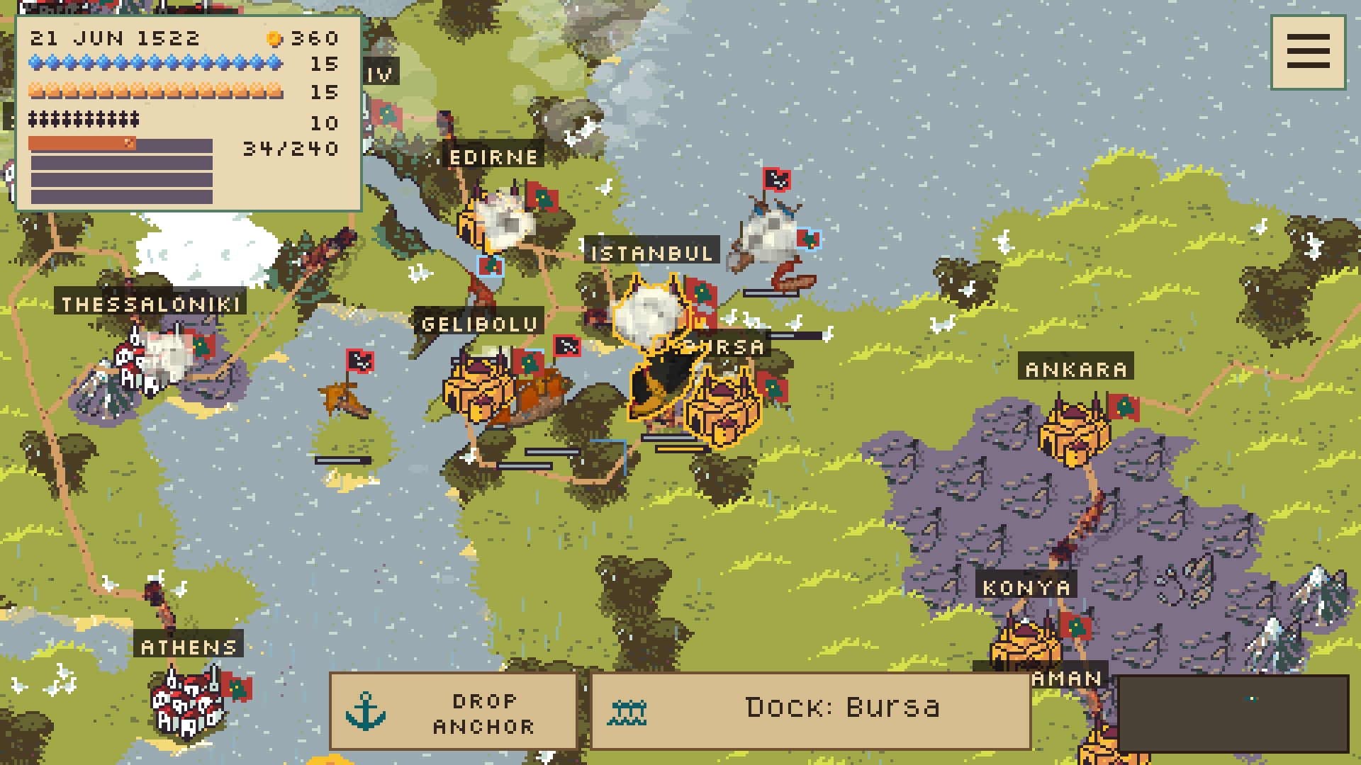 An Ottoman trader sails through the Bosporus amid Constantinople, Bursa, and other ports. Interface language: English.