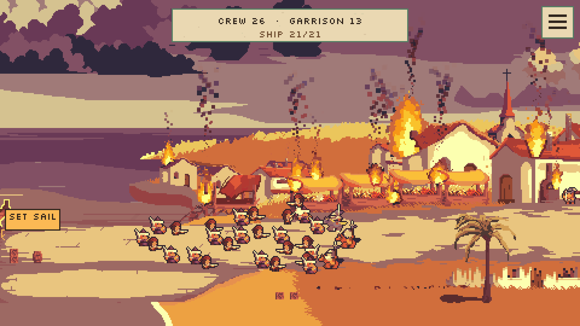 Ottoman marines and Hospitaller defenders clash in a burning Rhodes during an evening assault. Interface language: English.